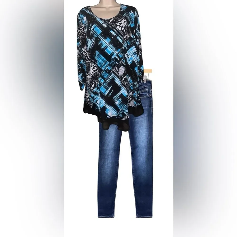style co XL Blue Black  tunic tops, 3/4 Ruched Sleeve Gold studs Like New